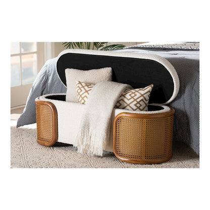 Baxton Studio Basira Japandi Cream Boucle Fabric Storage Bench with Woven Rattan
