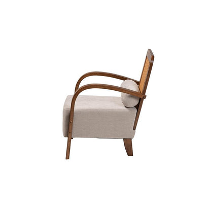 Modern Japandi Light Grey Fabric and Walnut Brown Finished Wood Arm Chair