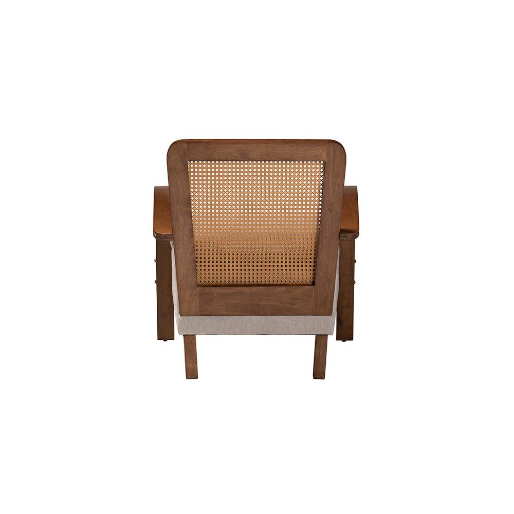 Modern Japandi Light Grey Fabric and Walnut Brown Finished Wood Arm Chair