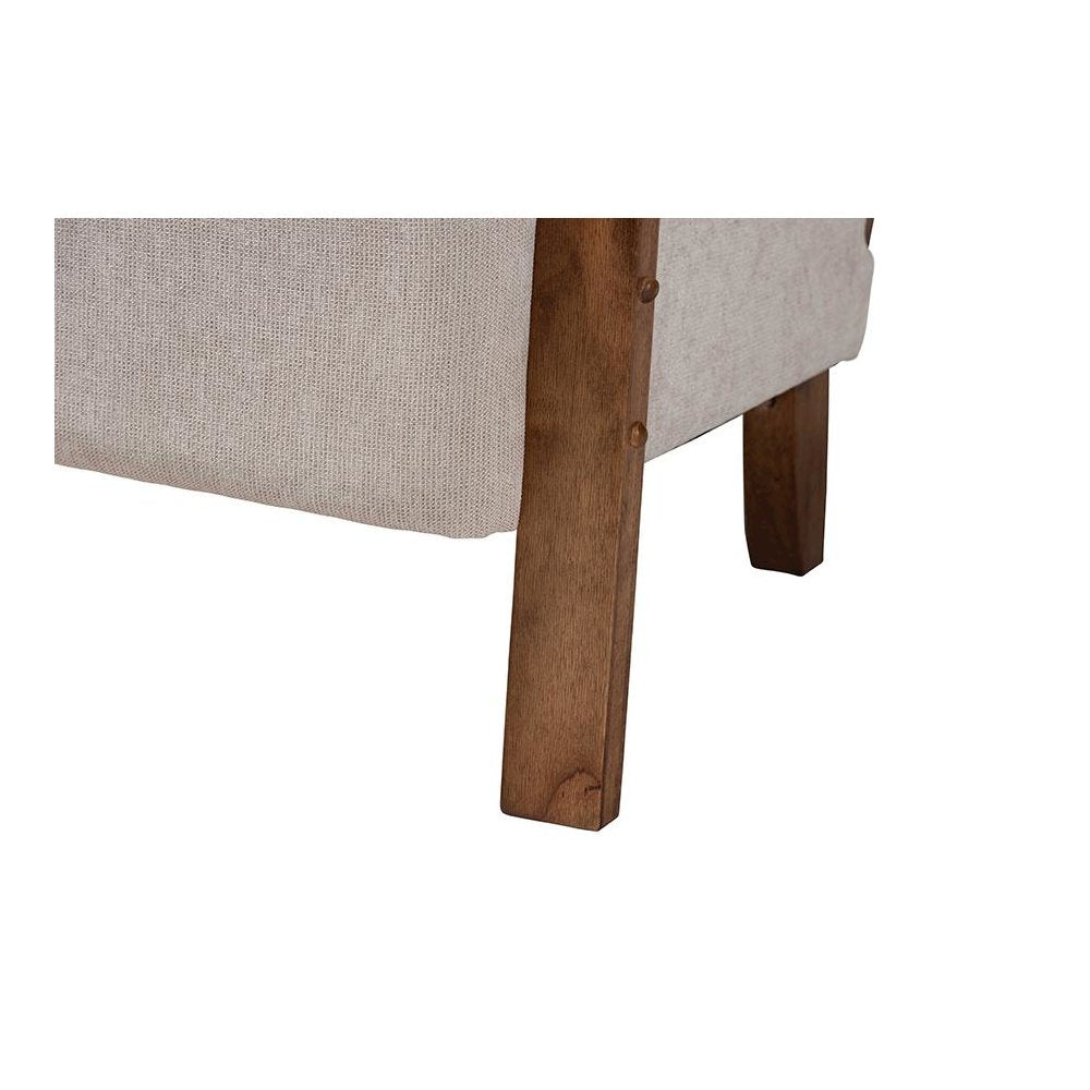 Modern Japandi Light Grey Fabric and Walnut Brown Finished Wood Arm Chair