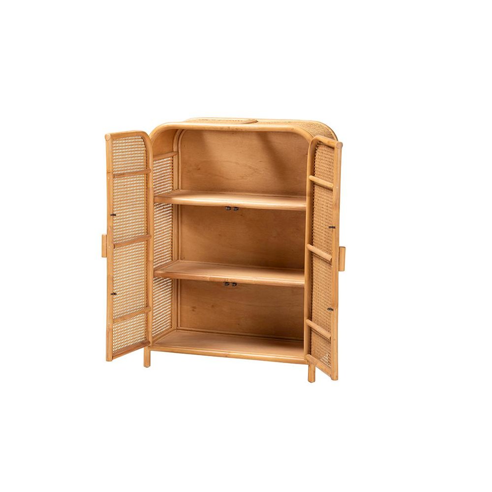 Curacao Modern Bohemian Light Honey Rattan 2-Door Storage Cabinet