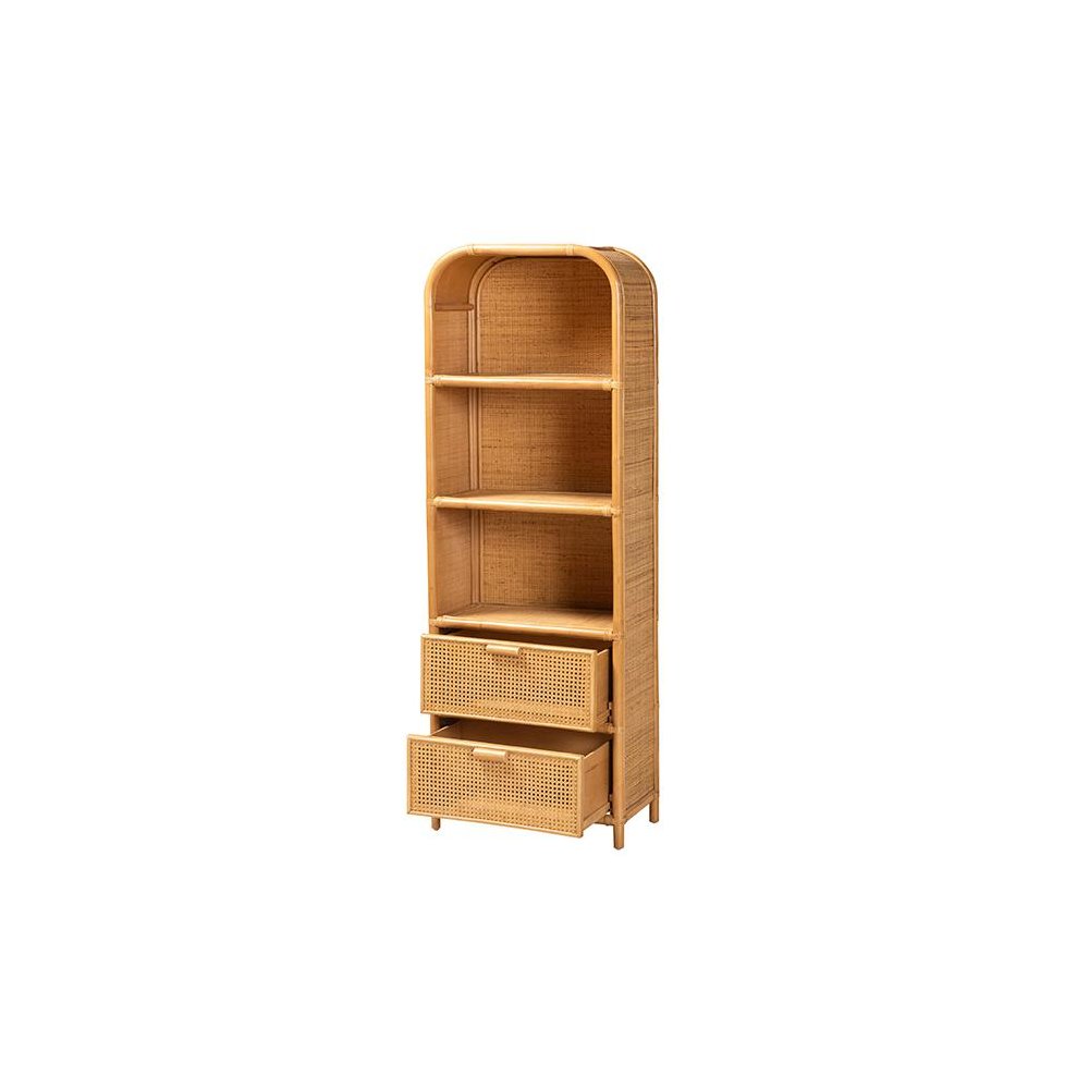 Curacao Modern Bohemian Light Honey Rattan 2-Drawer Bookcase