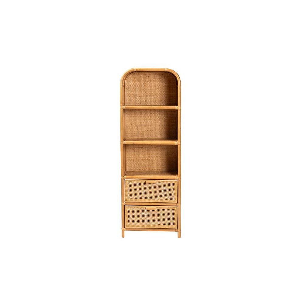 Curacao Modern Bohemian Light Honey Rattan 2-Drawer Bookcase
