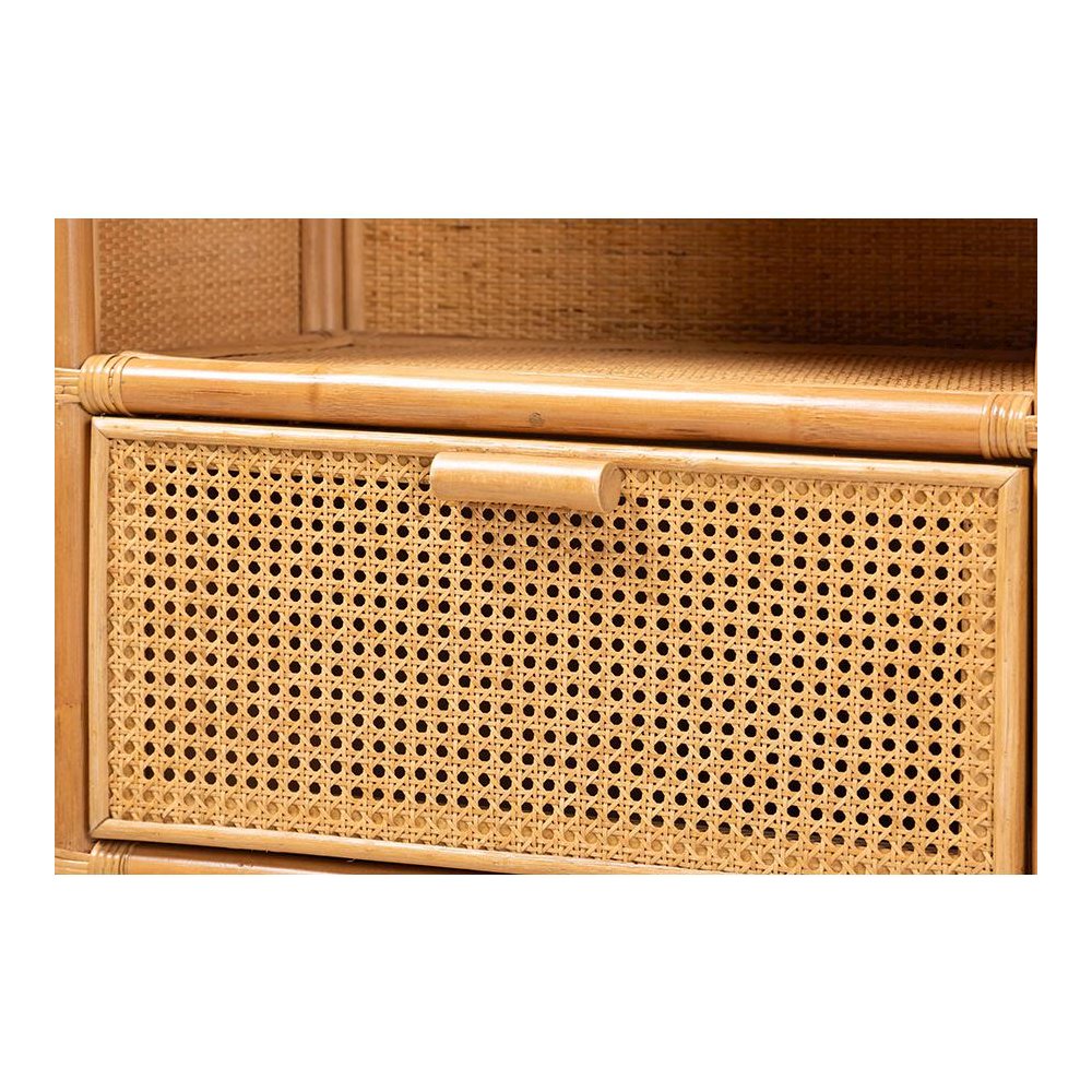 Curacao Modern Bohemian Light Honey Rattan 2-Drawer Bookcase