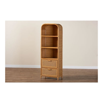 Curacao Modern Bohemian Light Honey Rattan 2-Drawer Bookcase