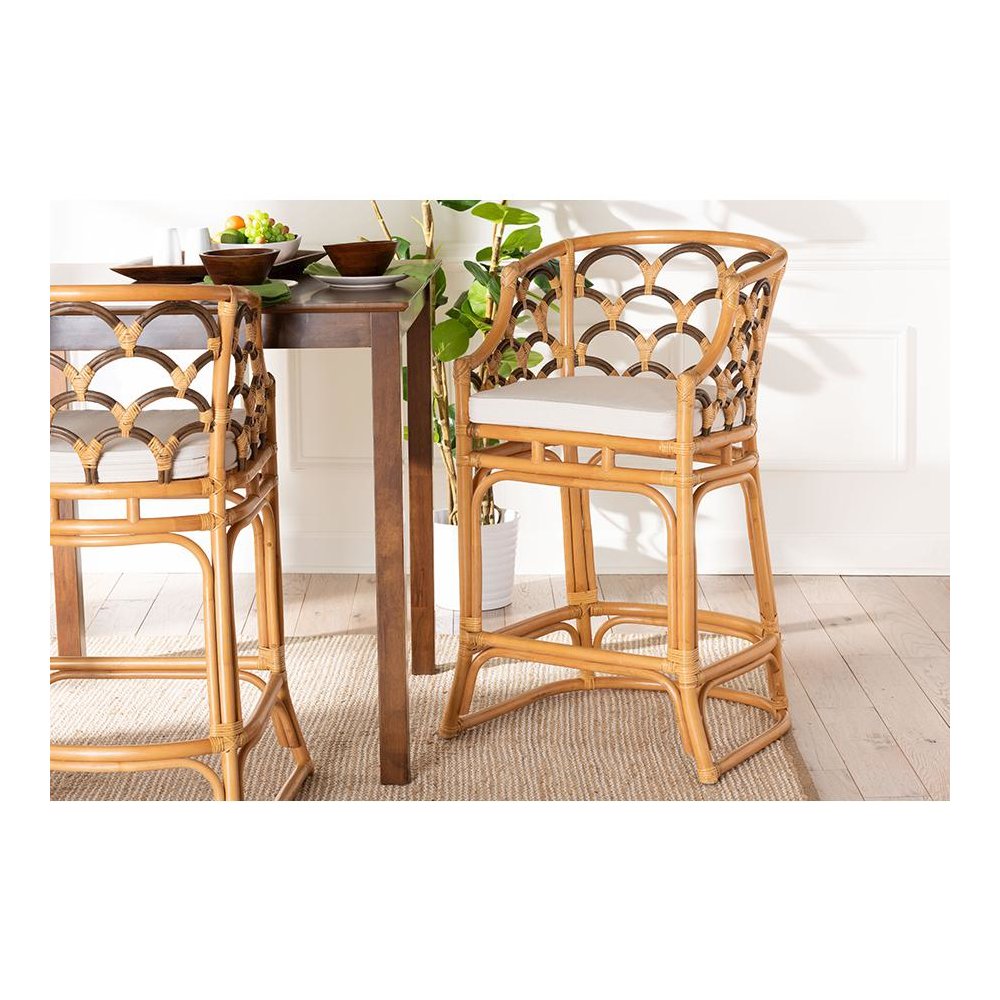 Veneto Modern Bohemian Light Honey and Dark Brown Rattan Bar Stool