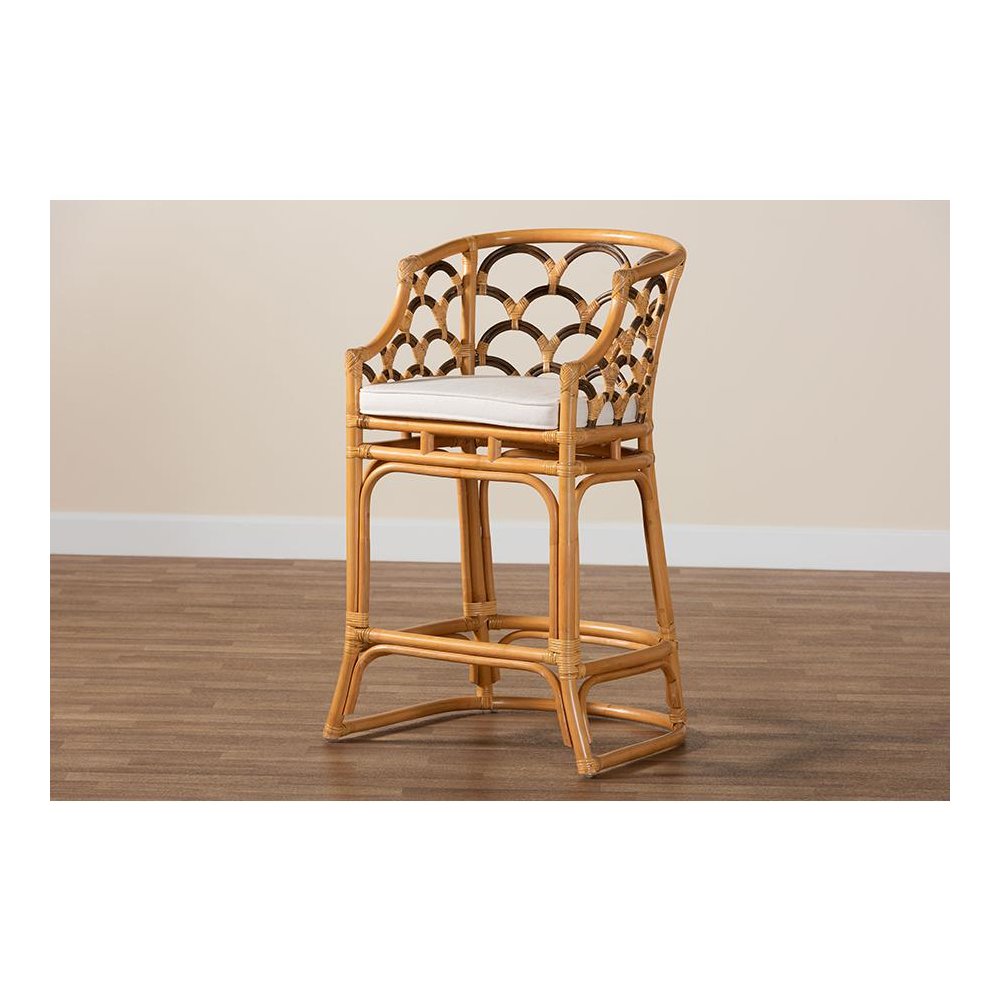 Veneto Modern Bohemian Light Honey and Dark Brown Rattan Bar Stool