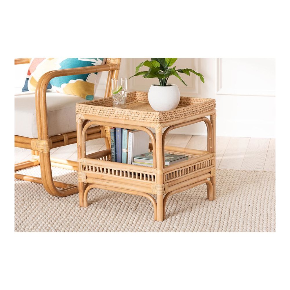 Lombok Modern Bohemian Natural Rattan End Table