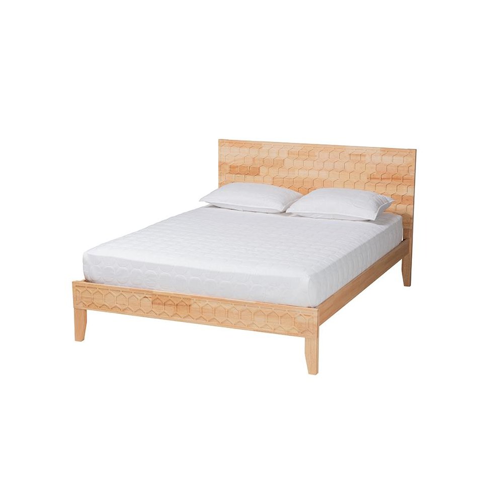 Hosea Japandi Carved Honeycomb Natural Queen Size Platform Bed