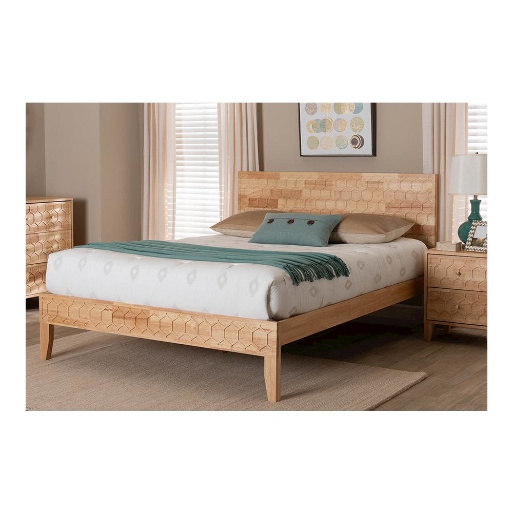 Hosea Japandi Carved Honeycomb Natural Queen Size Platform Bed