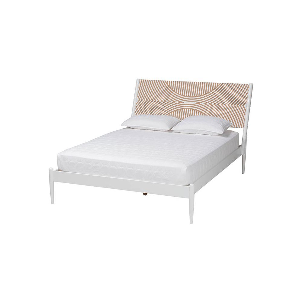 Louetta Coastal White Queen Size Platform Bed with Carved Contrasting Headboard