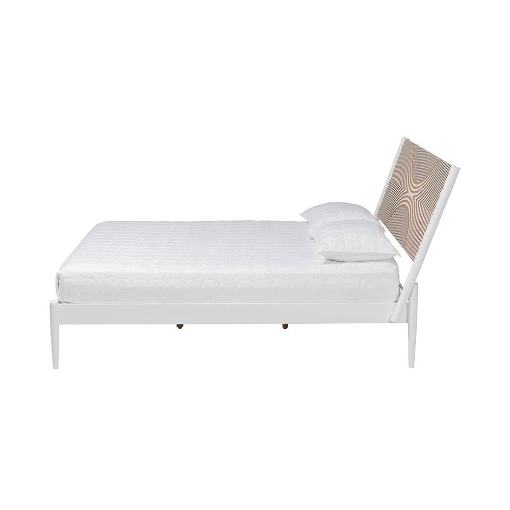 Louetta Coastal White Queen Size Platform Bed with Carved Contrasting Headboard
