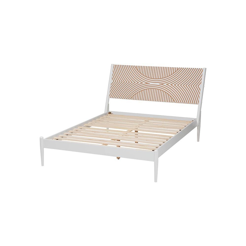 Louetta Coastal White Queen Size Platform Bed with Carved Contrasting Headboard