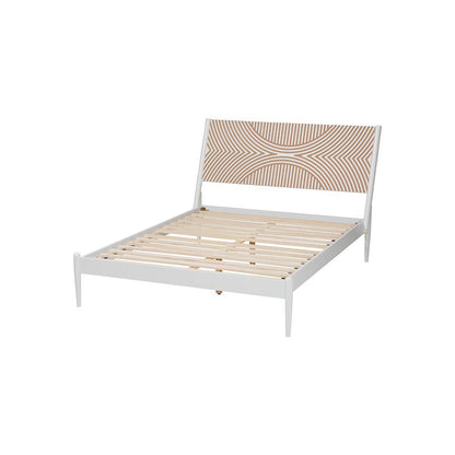Louetta Coastal White Queen Size Platform Bed with Carved Contrasting Headboard