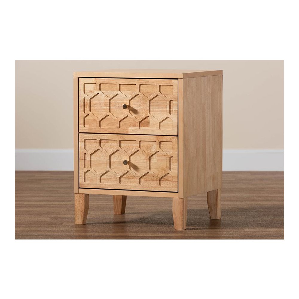 Hosea Japandi Carved Honeycomb Natural 2-Drawer Nightstand