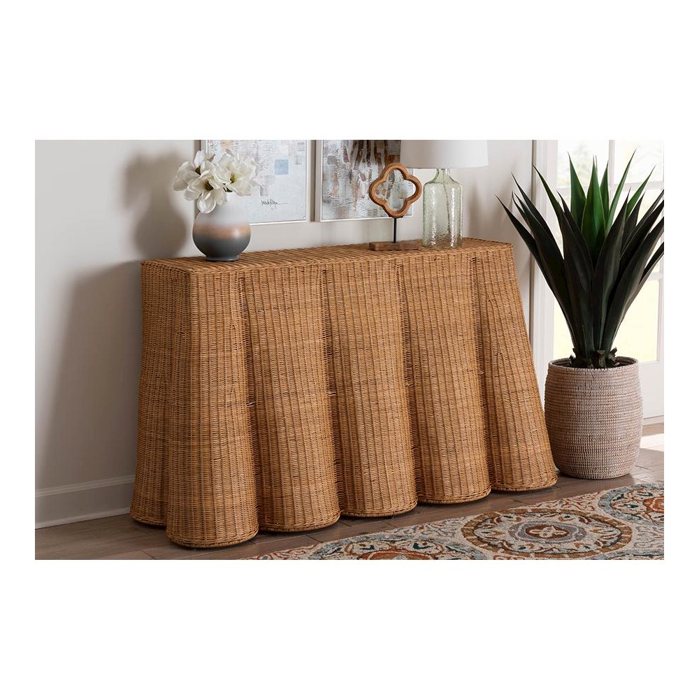 Palm Bohemian Honey Scallop Rattan Console Table