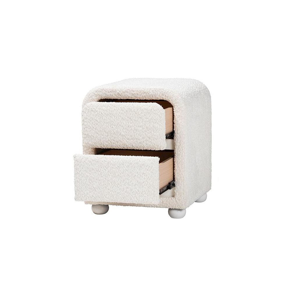 Bonilla Modern White Teddy-Bear Fabric and Rubberwood 2-Drawer Nightstand