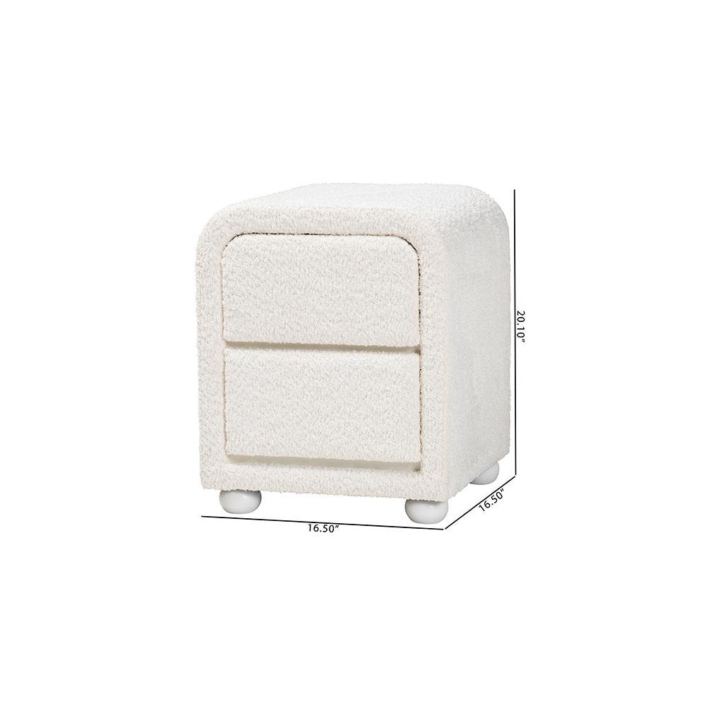 Bonilla Modern White Teddy-Bear Fabric and Rubberwood 2-Drawer Nightstand