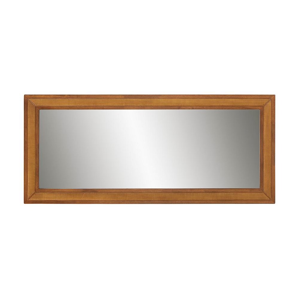 Rowanne Mid-Century Modern Walnut Brown Rubberwood and Rattan Frame Wall Mirror