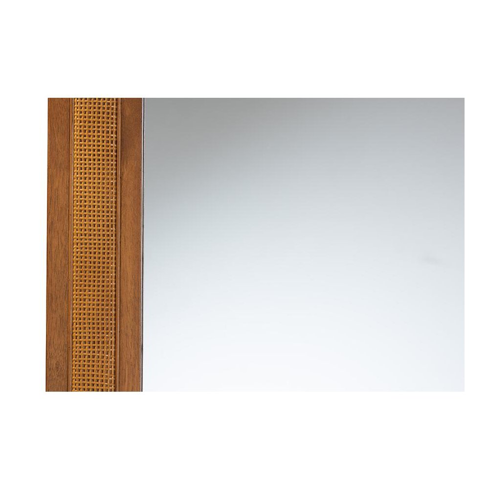 Rowanne Mid-Century Modern Walnut Brown Rubberwood and Rattan Frame Wall Mirror