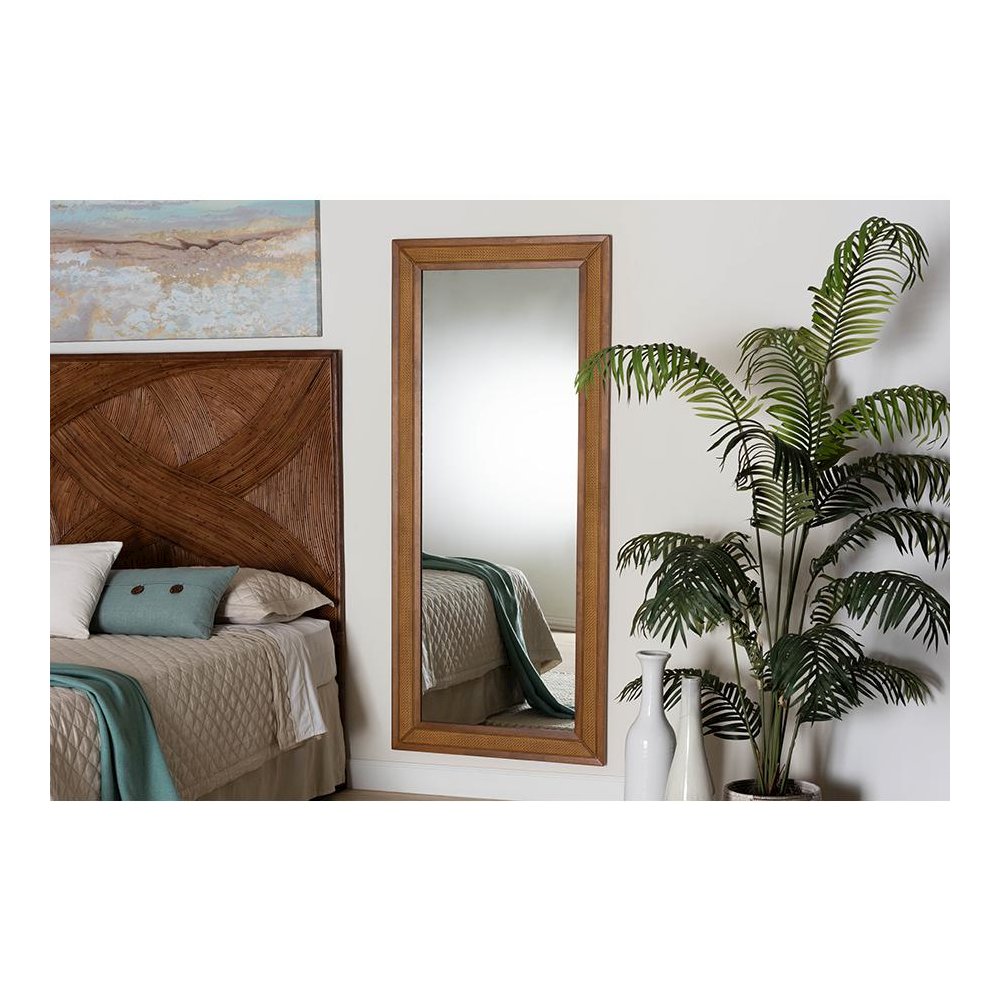 Rowanne Mid-Century Modern Walnut Brown Rubberwood and Rattan Frame Wall Mirror