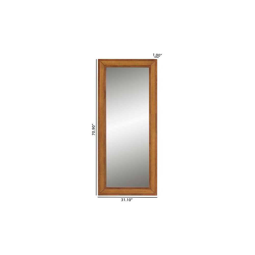 Rowanne Mid-Century Modern Walnut Brown Rubberwood and Rattan Frame Wall Mirror