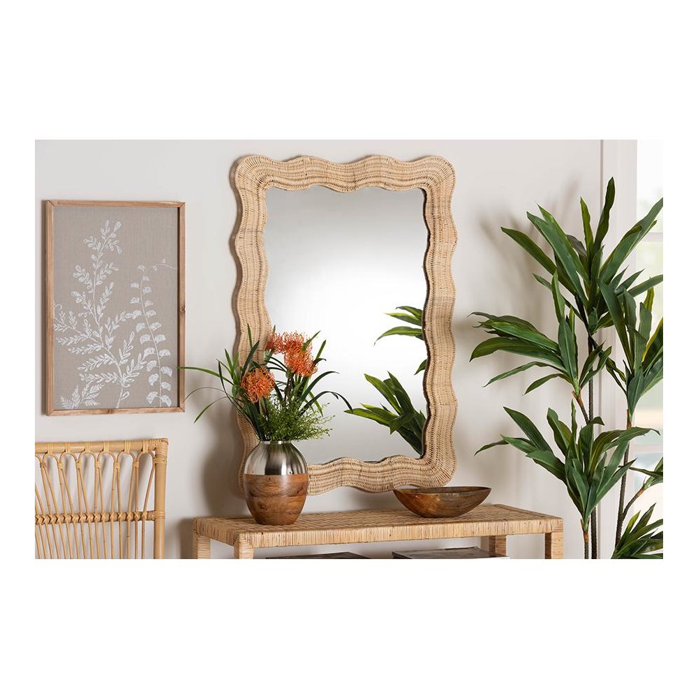 Hasana Bohemian Natural Scallop Rattan Accent Wall Mirror