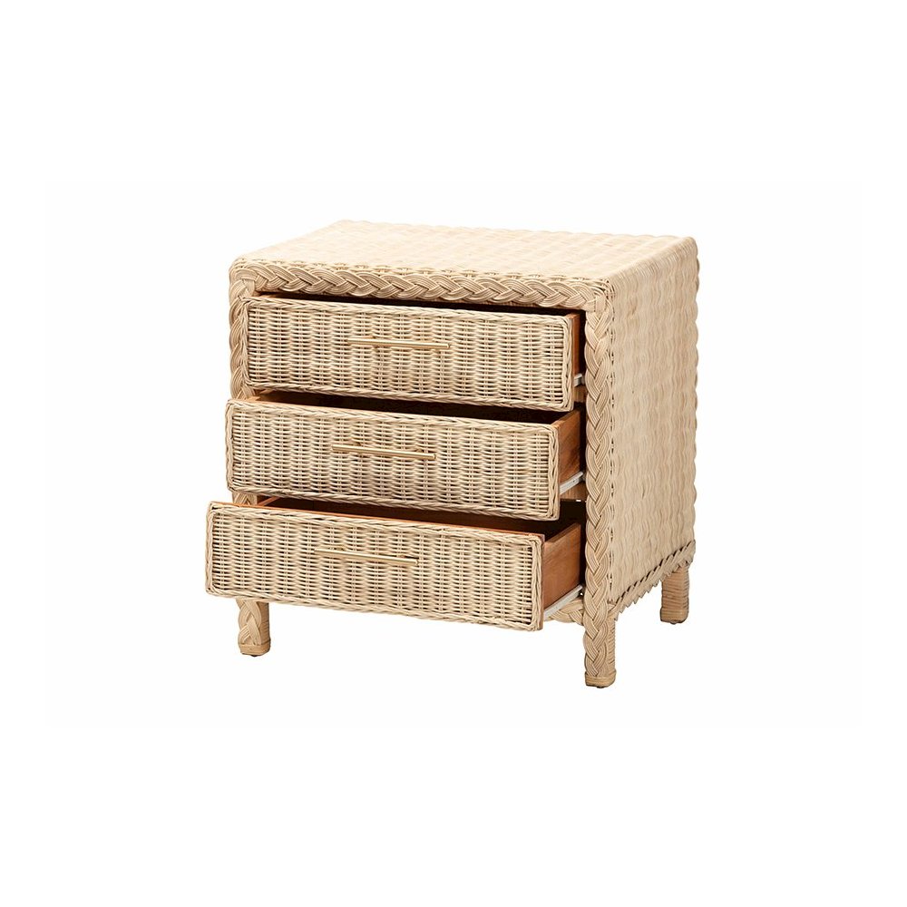 Lanica Japandi Sun Bleached Rattan 3-Drawer Nightstand