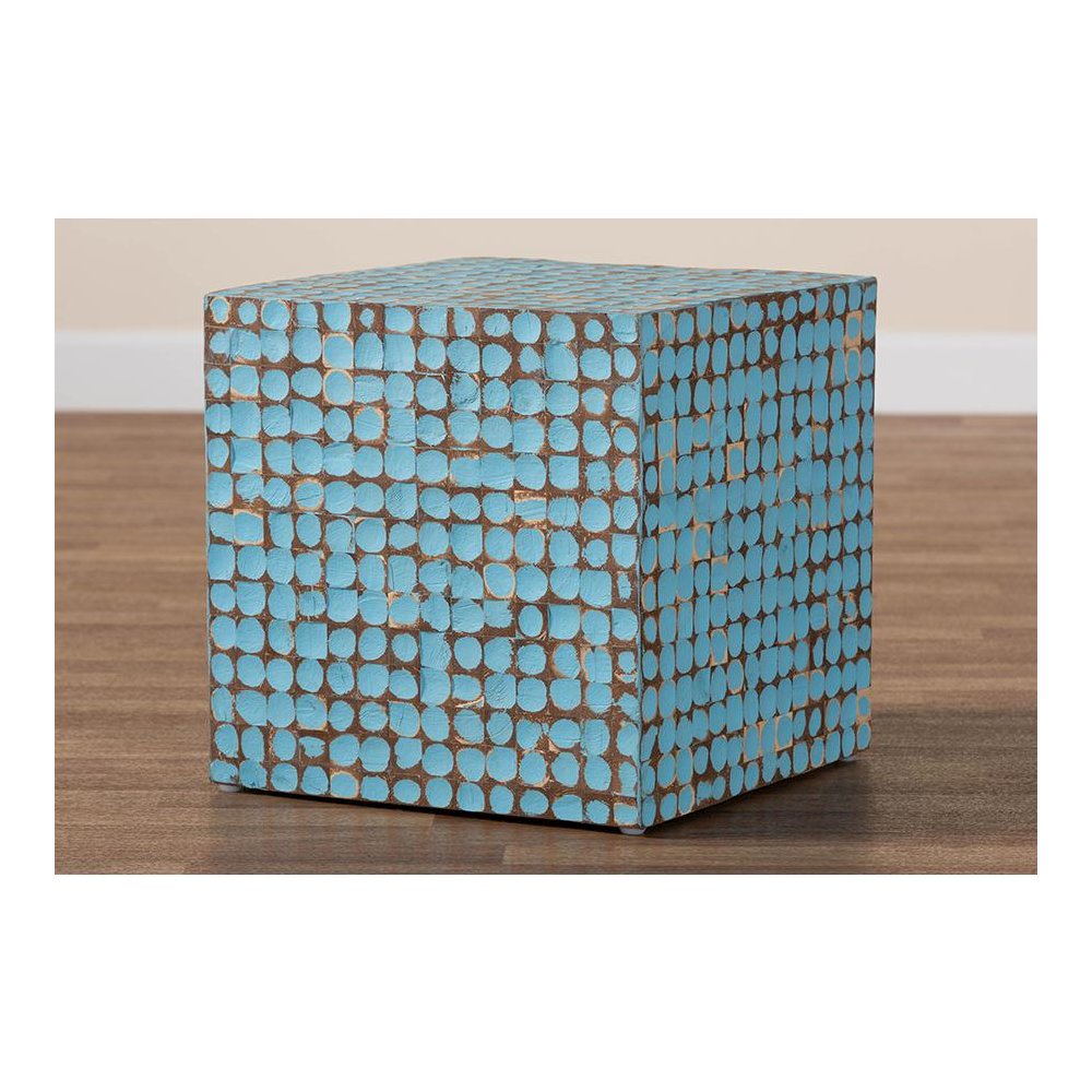 Janella Bohemian Sky Blue Coconut Shell and Acacia Wood End Table