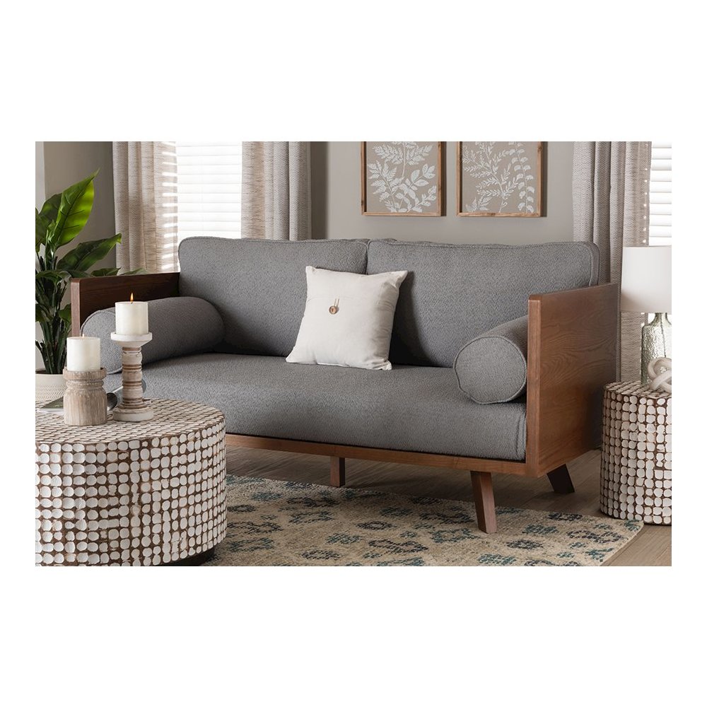 Uriel Mid-Century Modern Grey Boucle Fabric Sofa