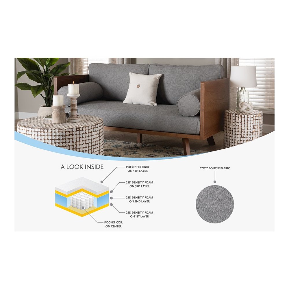 Uriel Mid-Century Modern Grey Boucle Fabric Sofa