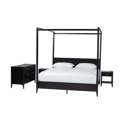 Primrose Mid-Century Black Fluted Wood King Size 4-Piece Canopy Bedroom Set