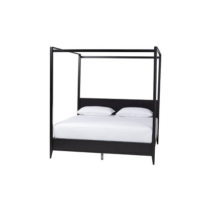 Primrose Mid-Century Black Fluted Wood King Size 4-Piece Canopy Bedroom Set