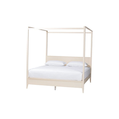 Primrose Mid-Century Ivory Fluted Wood King Size Canopy Bed