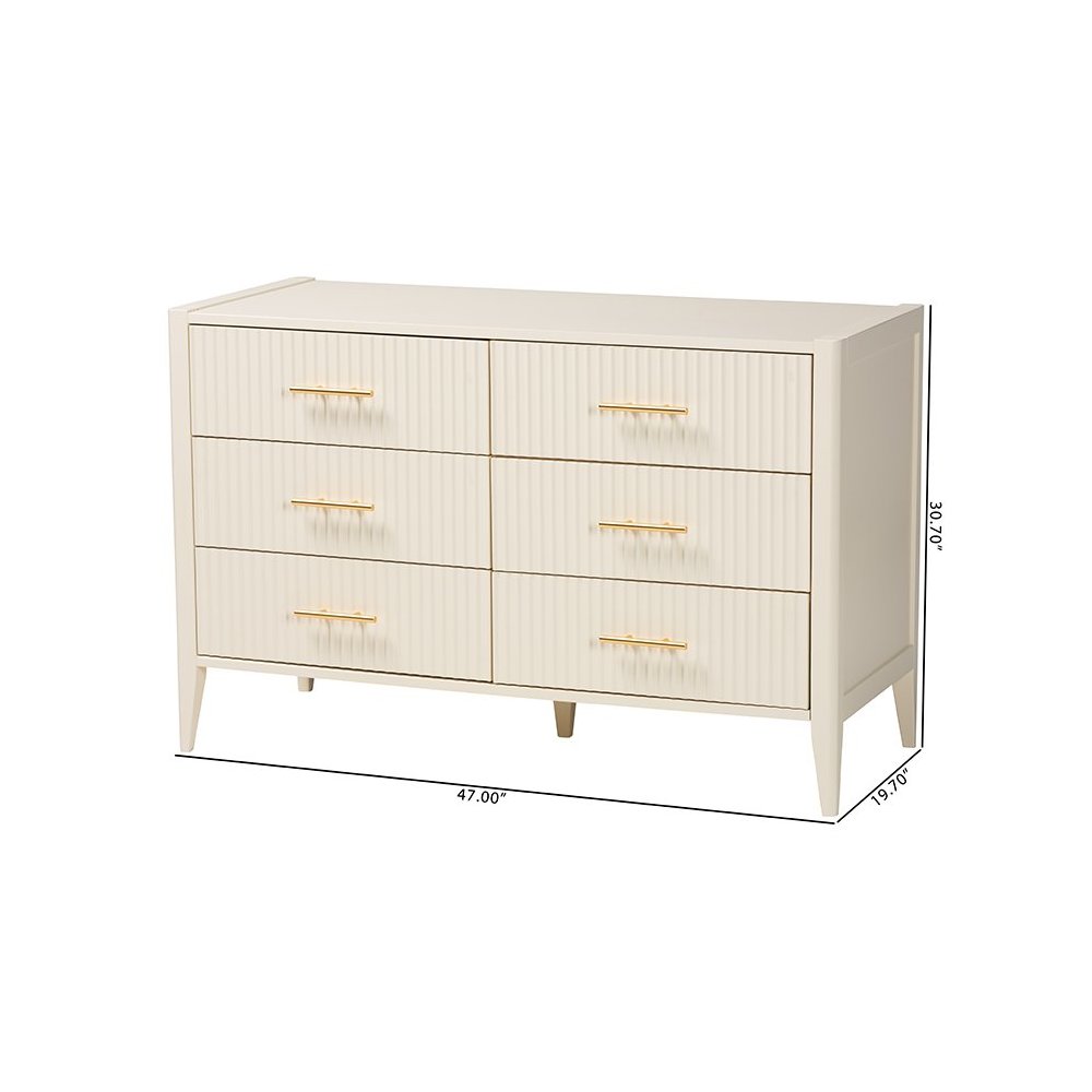 Primrose Mid-Century Ivory Fluted Wood 6-Drawer Dresser
