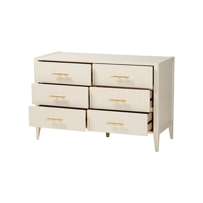 Primrose Mid-Century Ivory Fluted Wood 6-Drawer Dresser