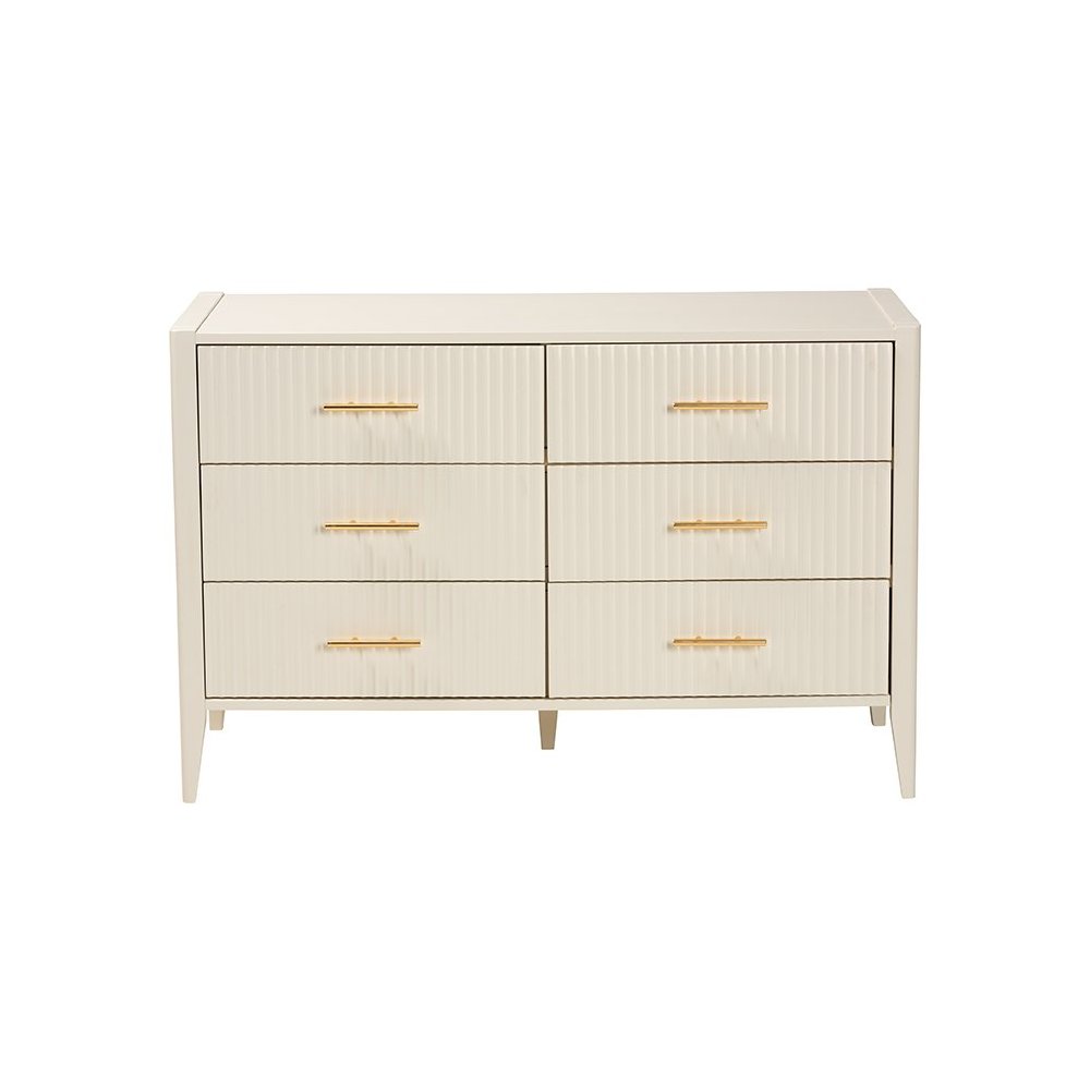 Primrose Mid-Century Ivory Fluted Wood 6-Drawer Dresser