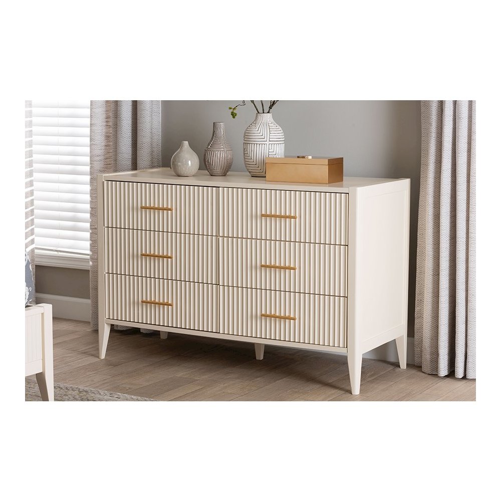 Primrose Mid-Century Ivory Fluted Wood 6-Drawer Dresser