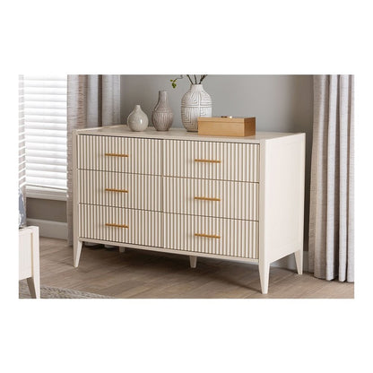 Primrose Mid-Century Ivory Fluted Wood 6-Drawer Dresser