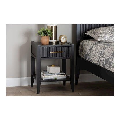 Primrose Mid-Century Black Fluted Wood 1-Drawer Nightstand