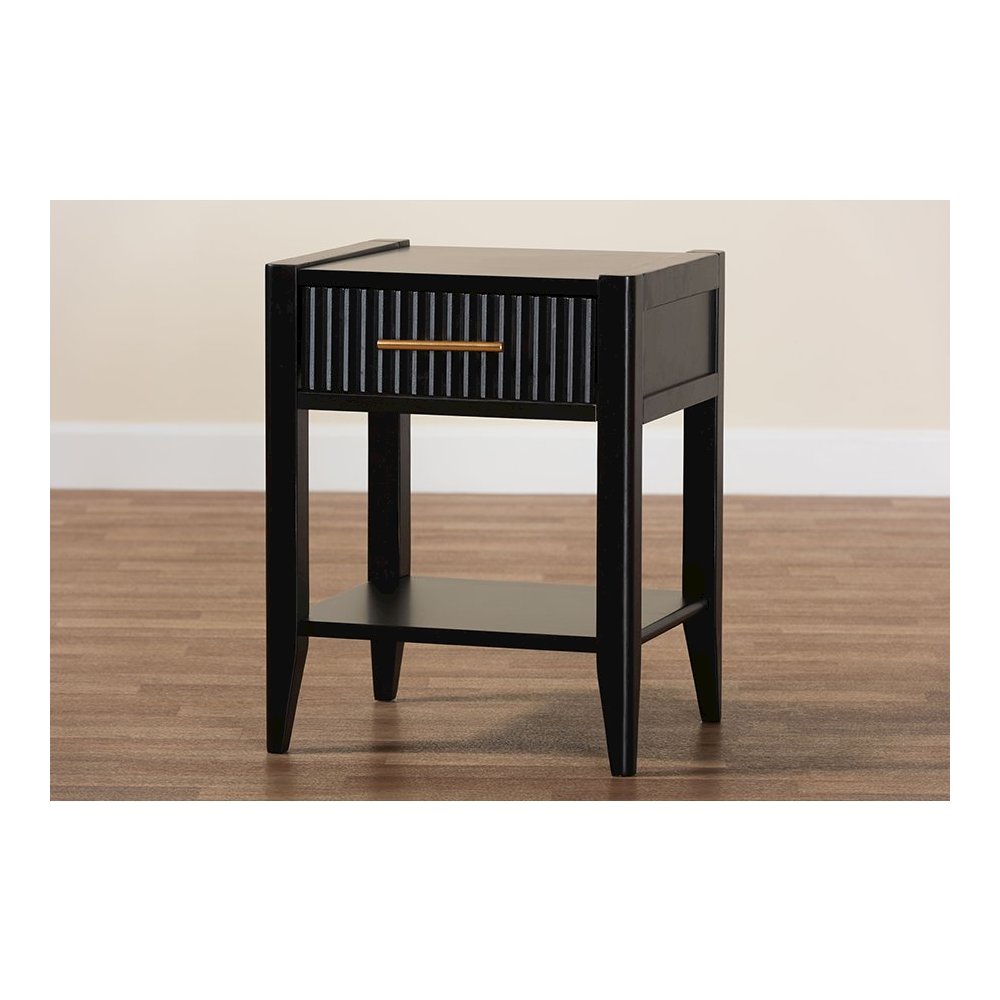Primrose Mid-Century Black Fluted Wood 1-Drawer Nightstand