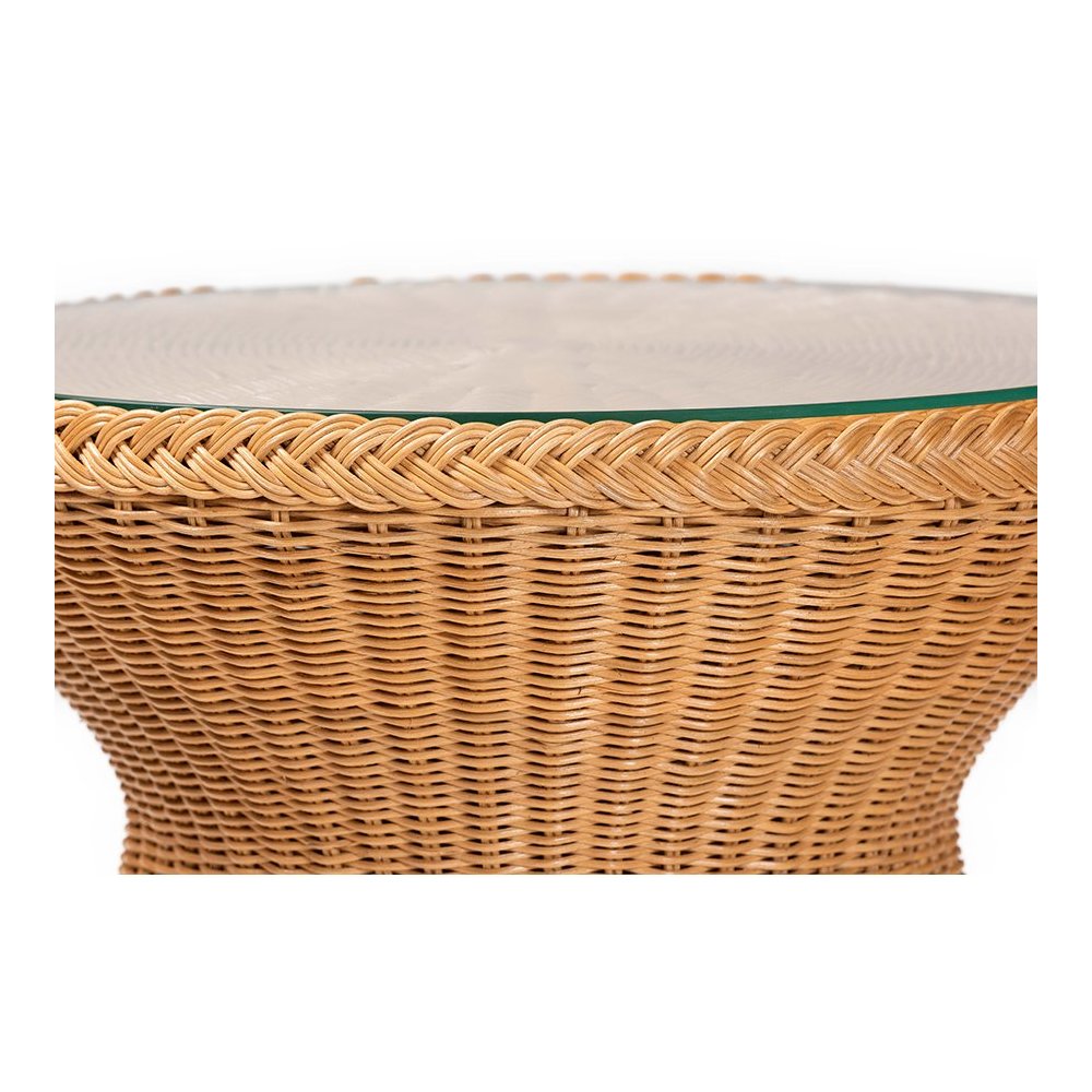 Nina Bohemian Light Honey Braided Rattan End Table with Glass Tabletop
