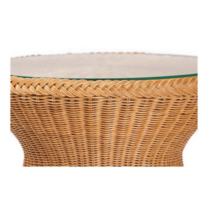 Nina Bohemian Light Honey Braided Rattan End Table with Glass Tabletop