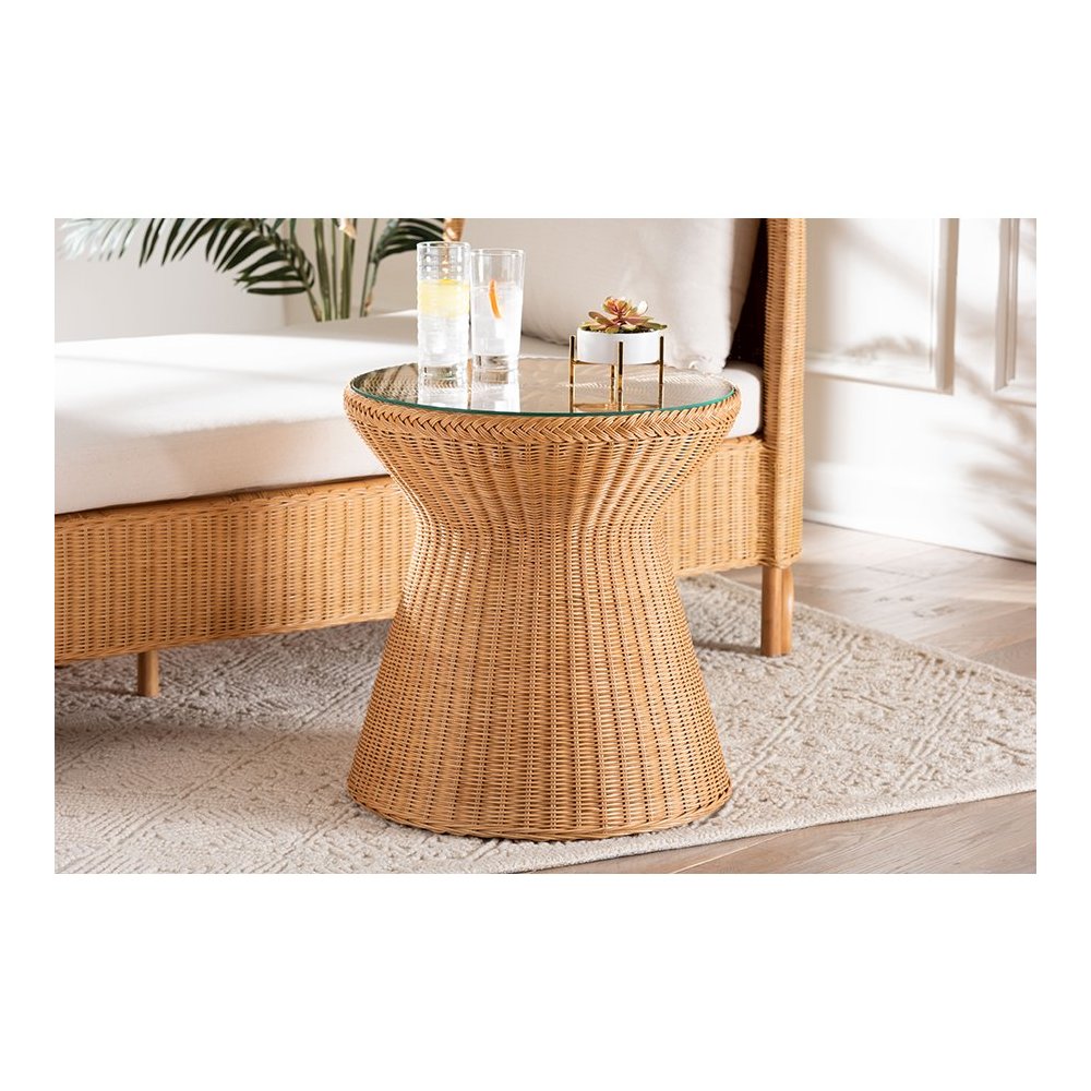 Nina Bohemian Light Honey Braided Rattan End Table with Glass Tabletop