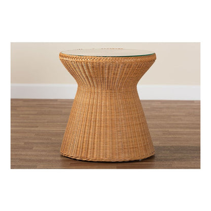 Nina Bohemian Light Honey Braided Rattan End Table with Glass Tabletop