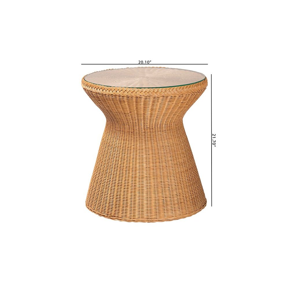 Nina Bohemian Light Honey Braided Rattan End Table with Glass Tabletop