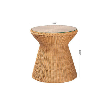 Nina Bohemian Light Honey Braided Rattan End Table with Glass Tabletop