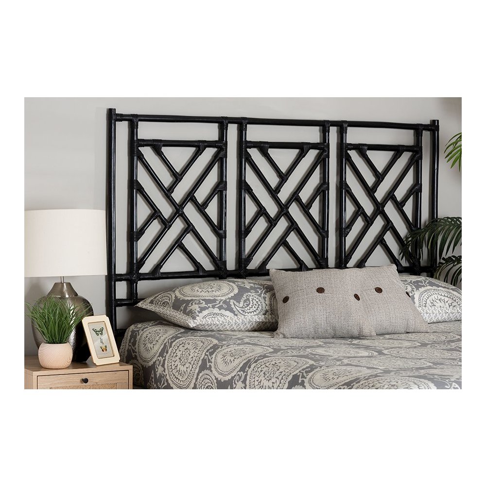 Karavo Bohemian Black Natural Rattan Queen Size Standalone Headboard