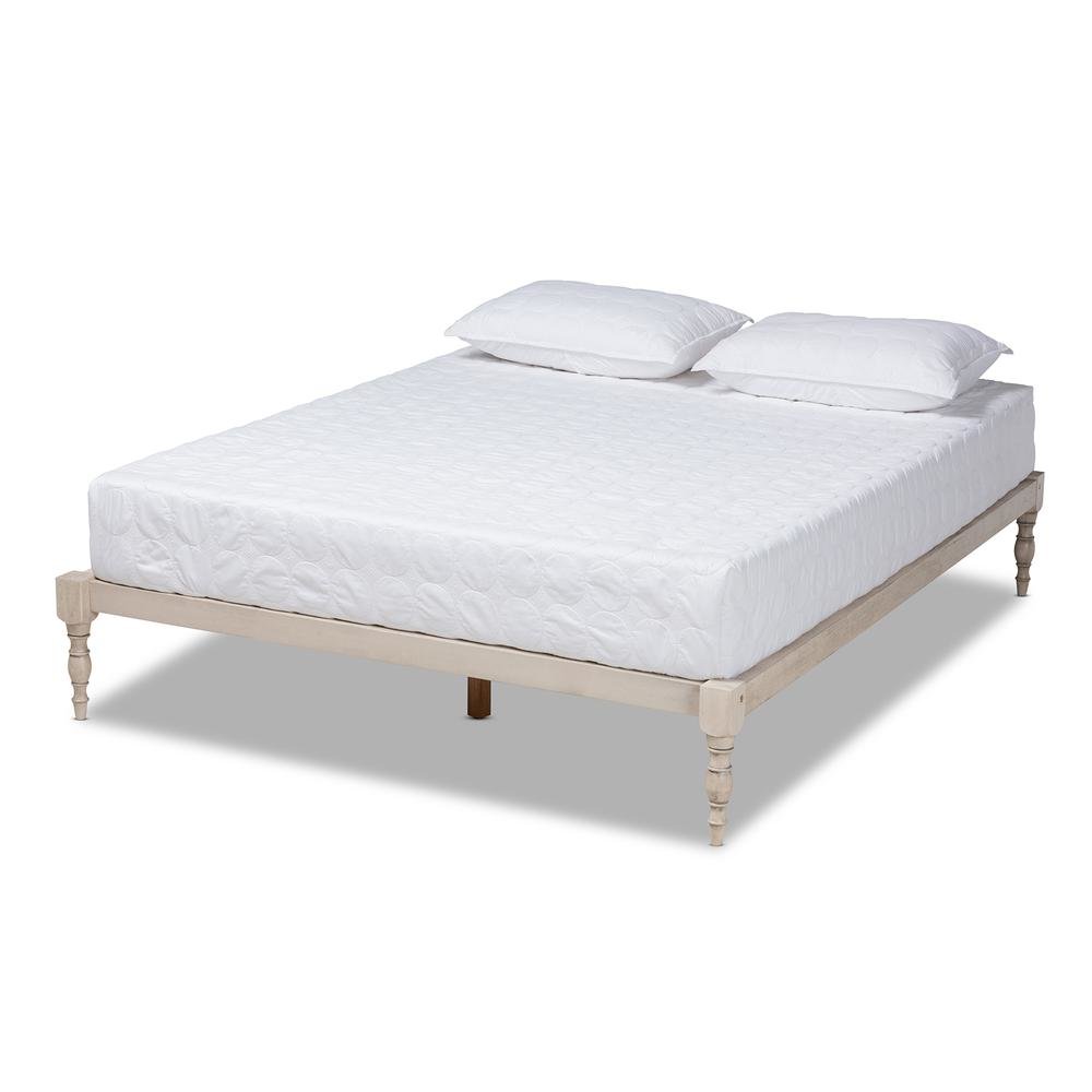 Antique White Finished Wood Queen Size Platform Bed Frame