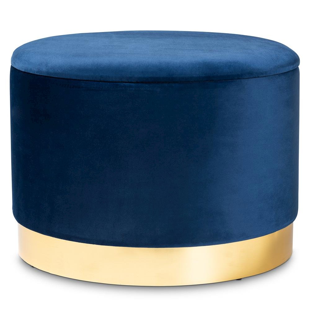 Luxe Navy Blue Velvet Fabric Upholstered Gold Finished Storage Ottoman